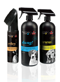 Three bottles of Pawsitively Clean carpet pet cleaning formulas
